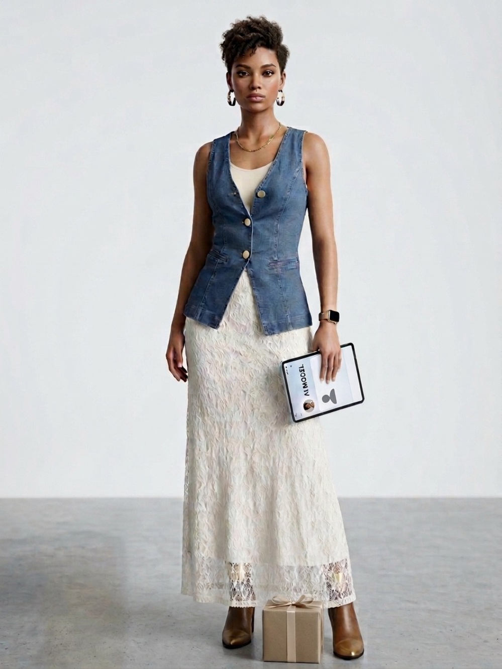 Denim Button-Front Vest and Cream Lace Maxi Skirt Set